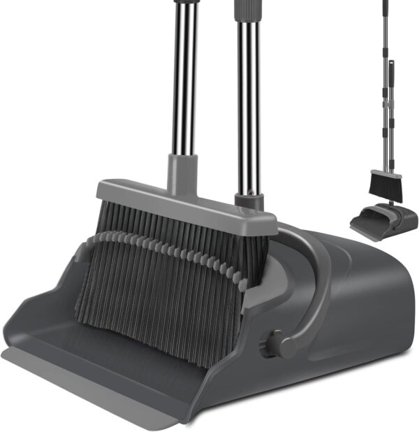 kelamayi Broom and Dustpan Set for Home, Office, Indoor&Outdoor Sweeping, Stand Up Broom and Dustpan (Black&Gray)