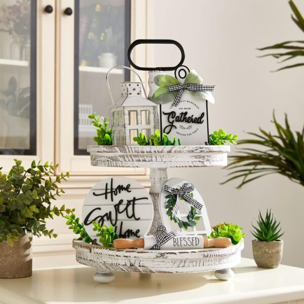 Houmury Set of 16 Farmhouse Tiered Tray Decor with 1 Lantern Artificial Plant& Cutting Board Sign for Rustic Home Sweet Home Kitchen Decor Tier Tray Decor Set - Image 2