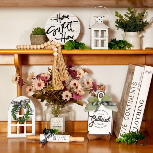 Houmury Set of 16 Farmhouse Tiered Tray Decor with 1 Lantern Artificial Plant& Cutting Board Sign for Rustic Home Sweet Home Kitchen Decor Tier Tray Decor Set - Image 4